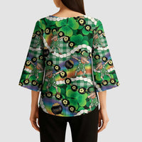 St Patrick's Day Palaka Hawaii Kimono Sleeve Blouse Kukui Nut Pikake Lei Shamrock Dabbing Leprechaun LT14 - Polynesian Pride