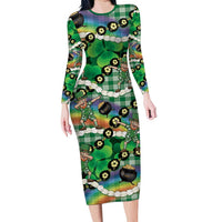 St Patrick's Day Palaka Hawaii Long Sleeve Bodycon Dress Kukui Nut Pikake Lei Shamrock Dabbing Leprechaun