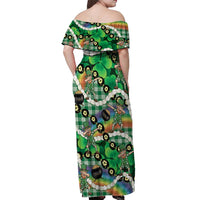 St Patrick's Day Palaka Hawaii Off Shoulder Maxi Dress Kukui Nut Pikake Lei Shamrock Dabbing Leprechaun