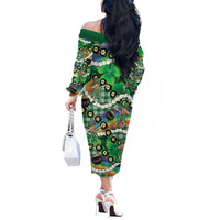 St Patrick's Day Palaka Hawaii Off The Shoulder Long Sleeve Dress Kukui Nut Pikake Lei Shamrock Dabbing Leprechaun