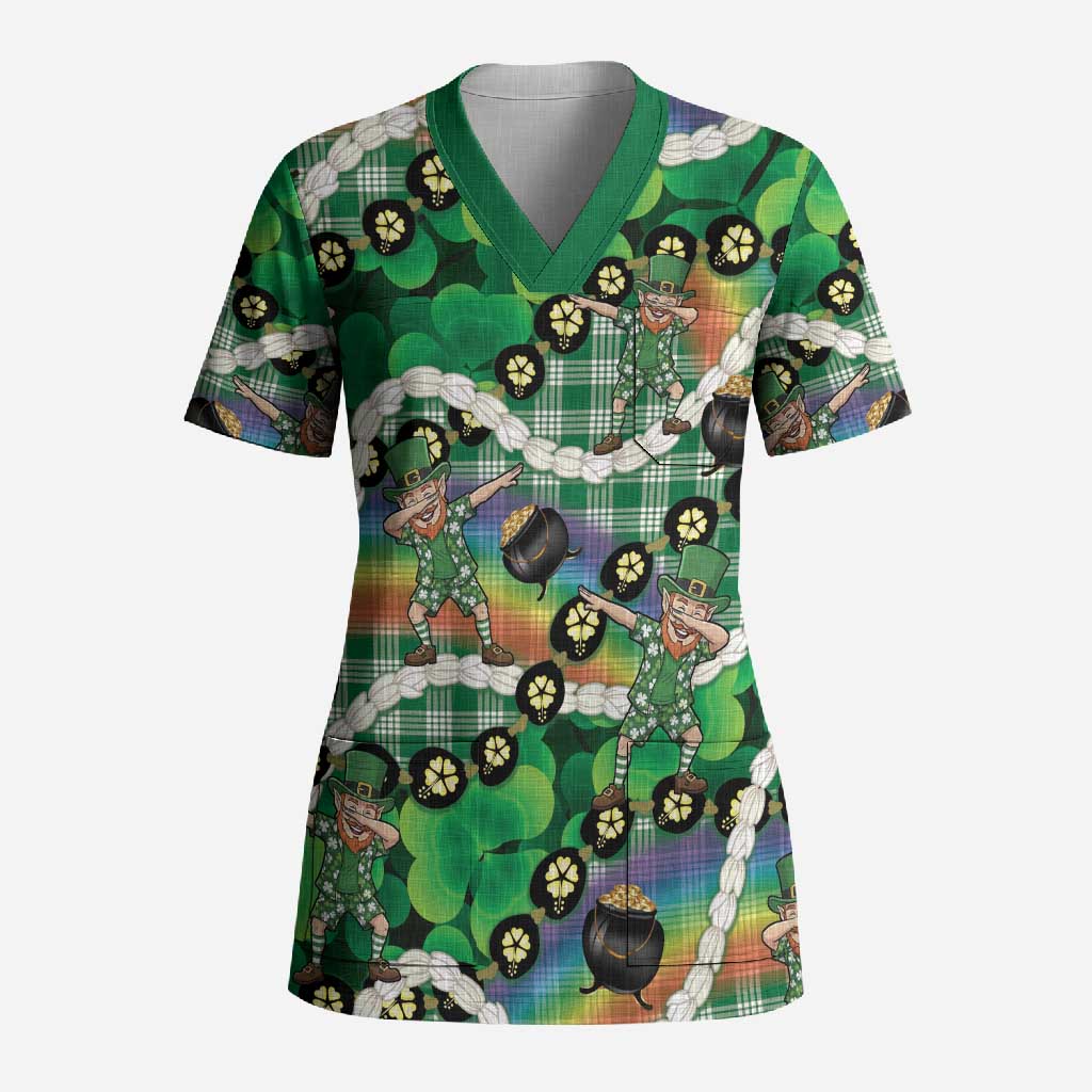 St Patrick's Day Palaka Hawaii Scrub Top Kukui Nut Pikake Lei Shamrock Dabbing Leprechaun LT14 Adult Green - Polynesian Pride