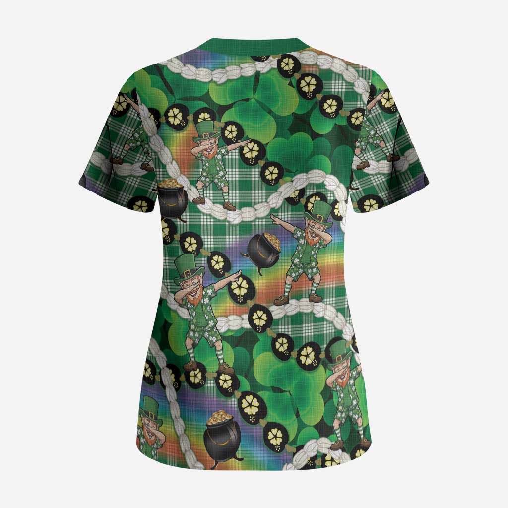 St Patrick's Day Palaka Hawaii Scrub Top Kukui Nut Pikake Lei Shamrock Dabbing Leprechaun