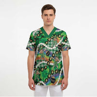 St Patrick's Day Palaka Hawaii Scrub Top Kukui Nut Pikake Lei Shamrock Dabbing Leprechaun