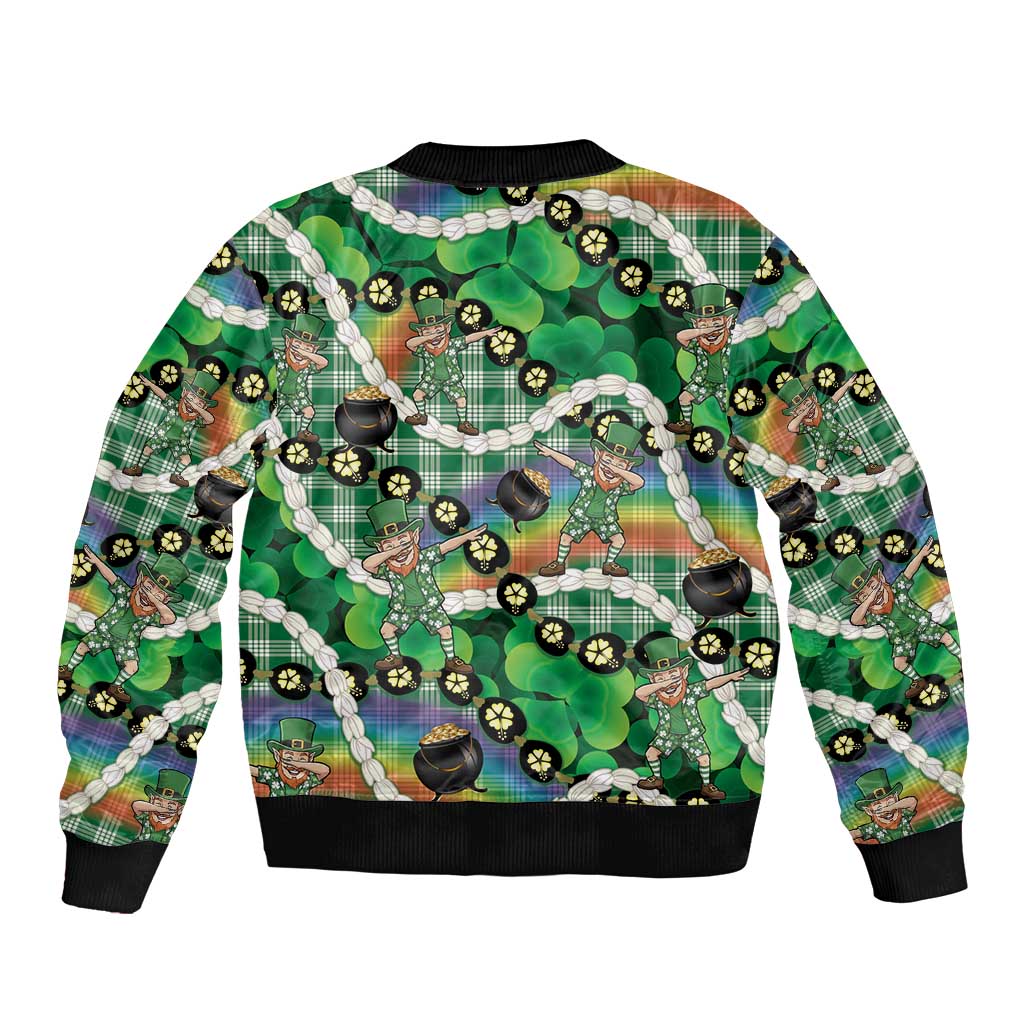 St Patrick's Day Palaka Hawaii Sleeve Zip Bomber Jacket Kukui Nut Pikake Lei Shamrock Dabbing Leprechaun LT14 - Polynesian Pride