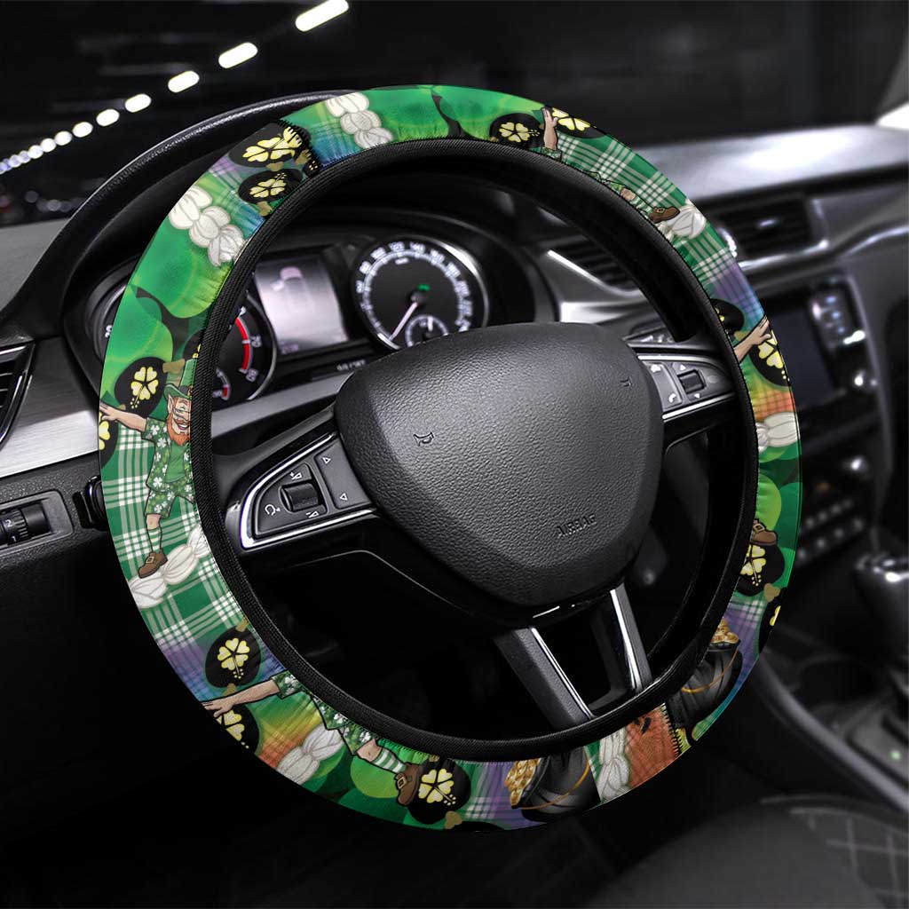 St Patrick's Day Palaka Hawaii Steering Wheel Cover Kukui Nut Pikake Lei Shamrock Dabbing Leprechaun