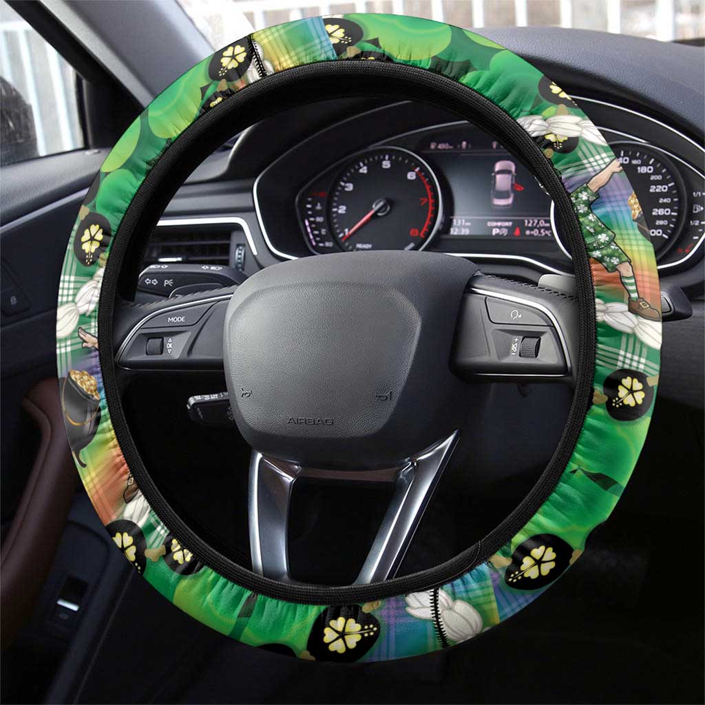 St Patrick's Day Palaka Hawaii Steering Wheel Cover Kukui Nut Pikake Lei Shamrock Dabbing Leprechaun