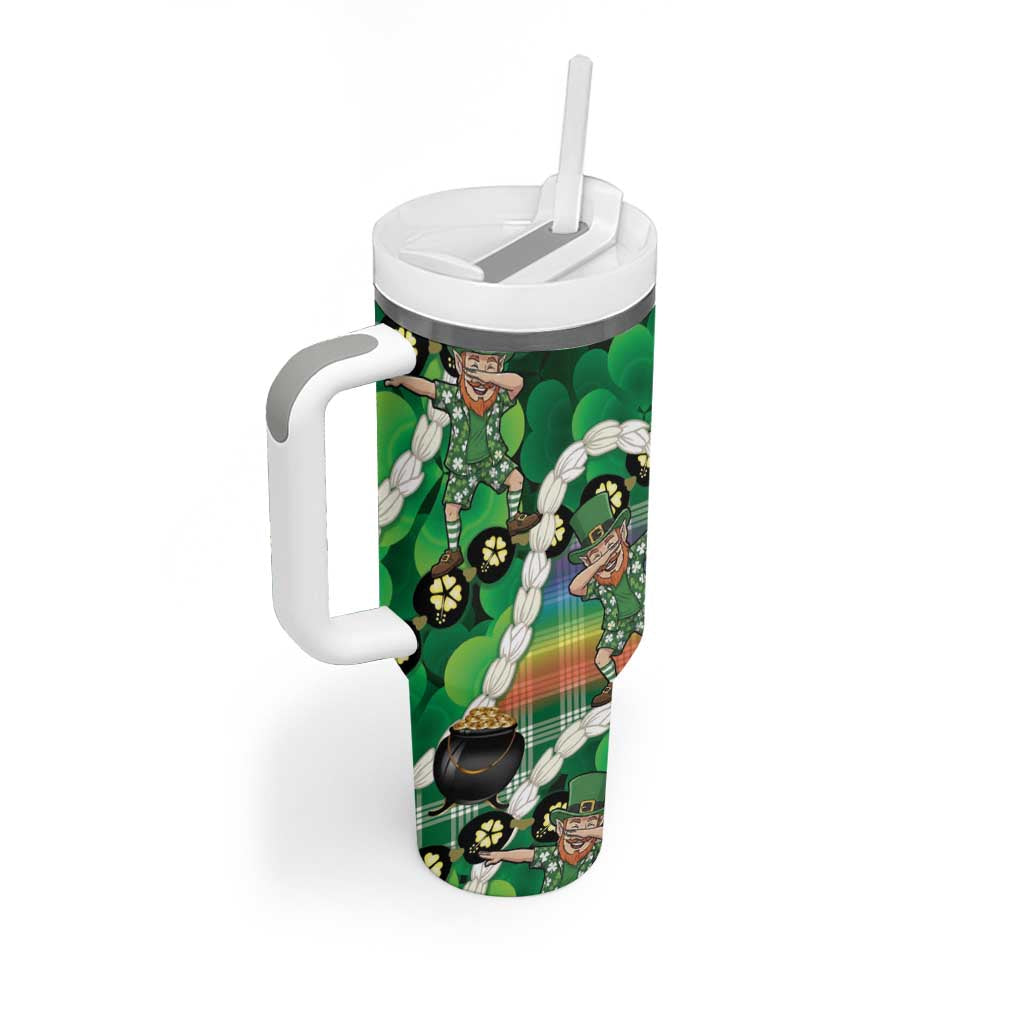 St Patrick's Day Palaka Hawaii Tumbler With Handle Kukui Nut Pikake Lei Shamrock Dabbing Leprechaun