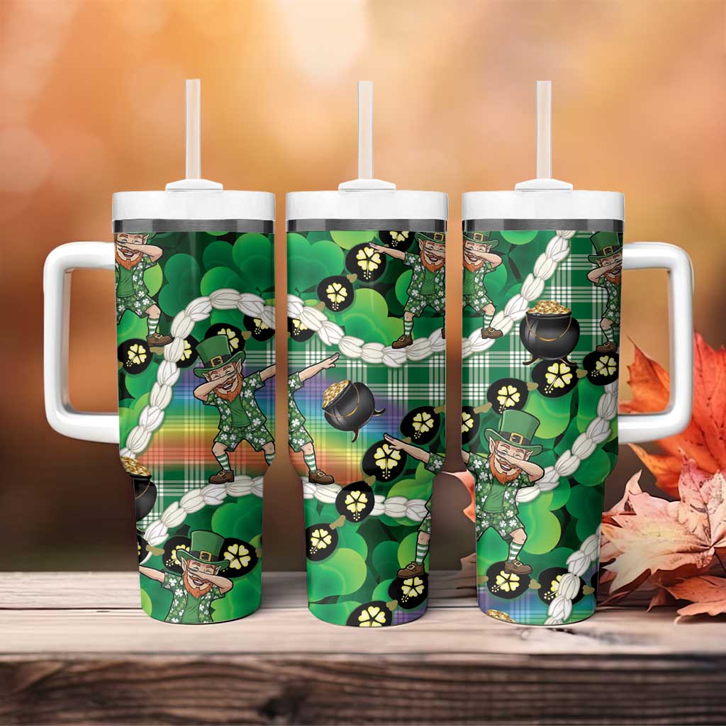 St Patrick's Day Palaka Hawaii Tumbler With Handle Kukui Nut Pikake Lei Shamrock Dabbing Leprechaun