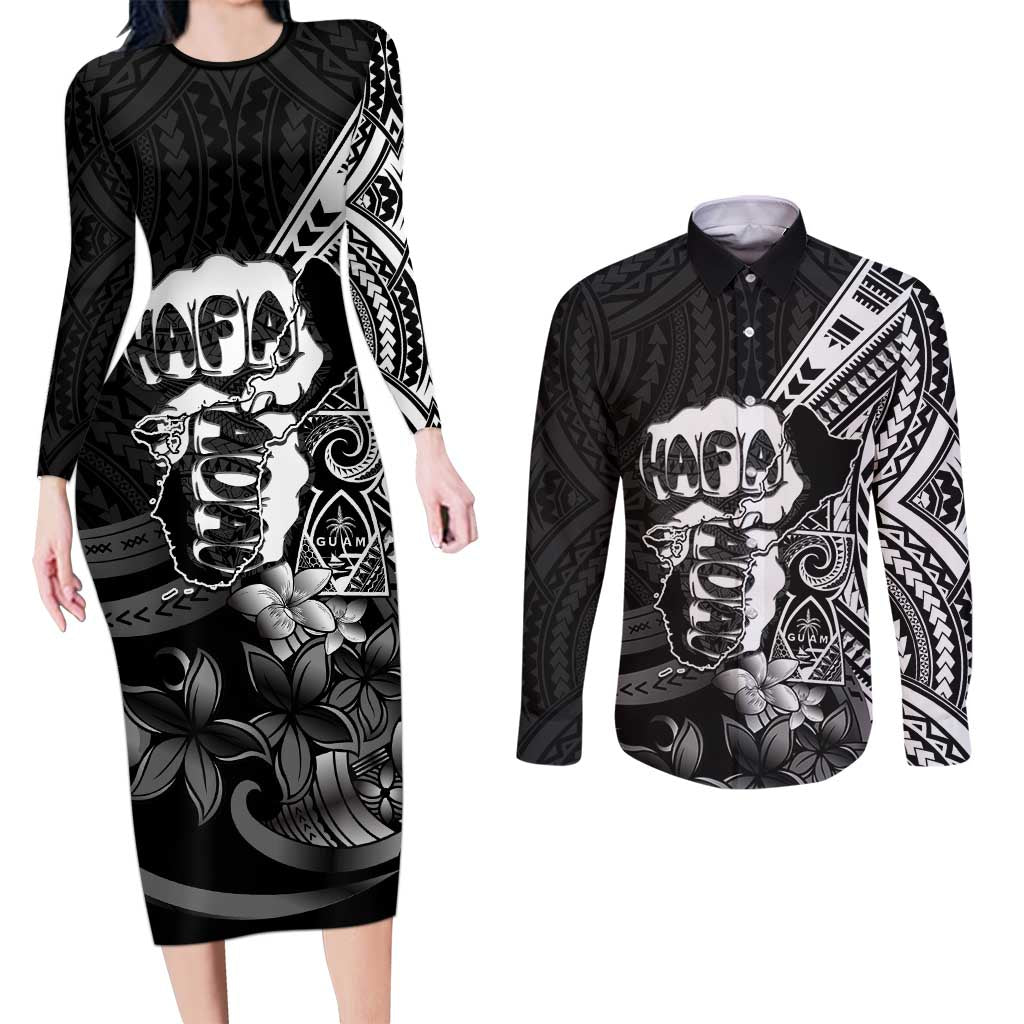 Hafa Adai Guam Discovery Day Couples Matching Long Sleeve Bodycon Dress and Long Sleeve Button Shirt Chamorro Latte Stone Hand Black Version LT14 Black - Polynesian Pride