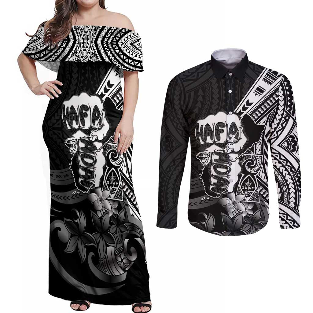 Hafa Adai Guam Discovery Day Couples Matching Off Shoulder Maxi Dress and Long Sleeve Button Shirt Chamorro Latte Stone Hand Black Version LT14 Black - Polynesian Pride