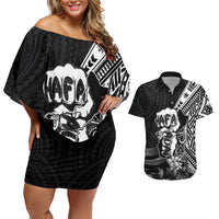 Hafa Adai Guam Discovery Day Couples Matching Off Shoulder Short Dress and Hawaiian Shirt Chamorro Latte Stone Hand Black Version