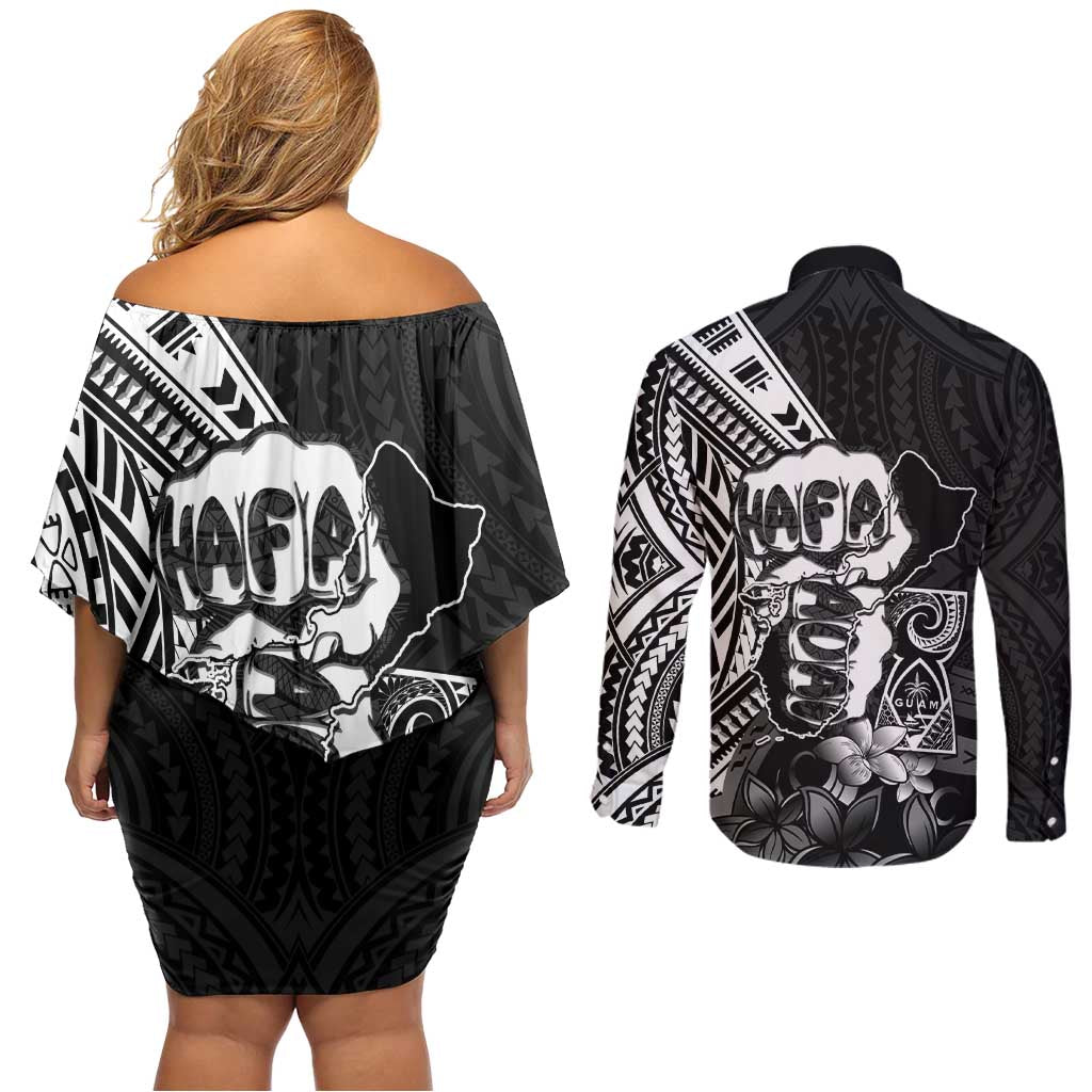 Hafa Adai Guam Discovery Day Couples Matching Off Shoulder Short Dress and Long Sleeve Button Shirt Chamorro Latte Stone Hand Black Version