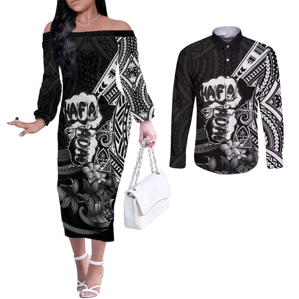 Hafa Adai Guam Discovery Day Couples Matching Off The Shoulder Long Sleeve Dress and Long Sleeve Button Shirt Chamorro Latte Stone Hand Black Version LT14 Black - Polynesian Pride