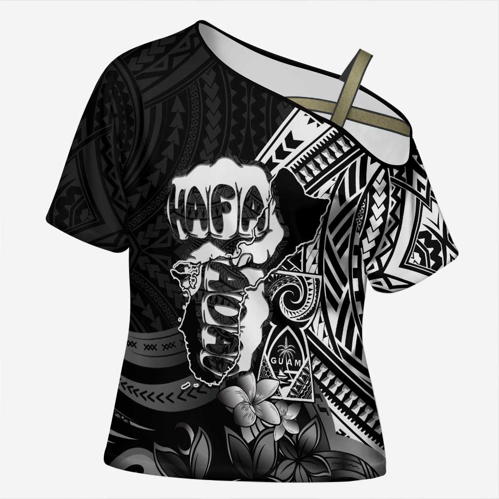 Hafa Adai Guam Discovery Day Cross Shoulder Shirt Chamorro Latte Stone Hand Black Version