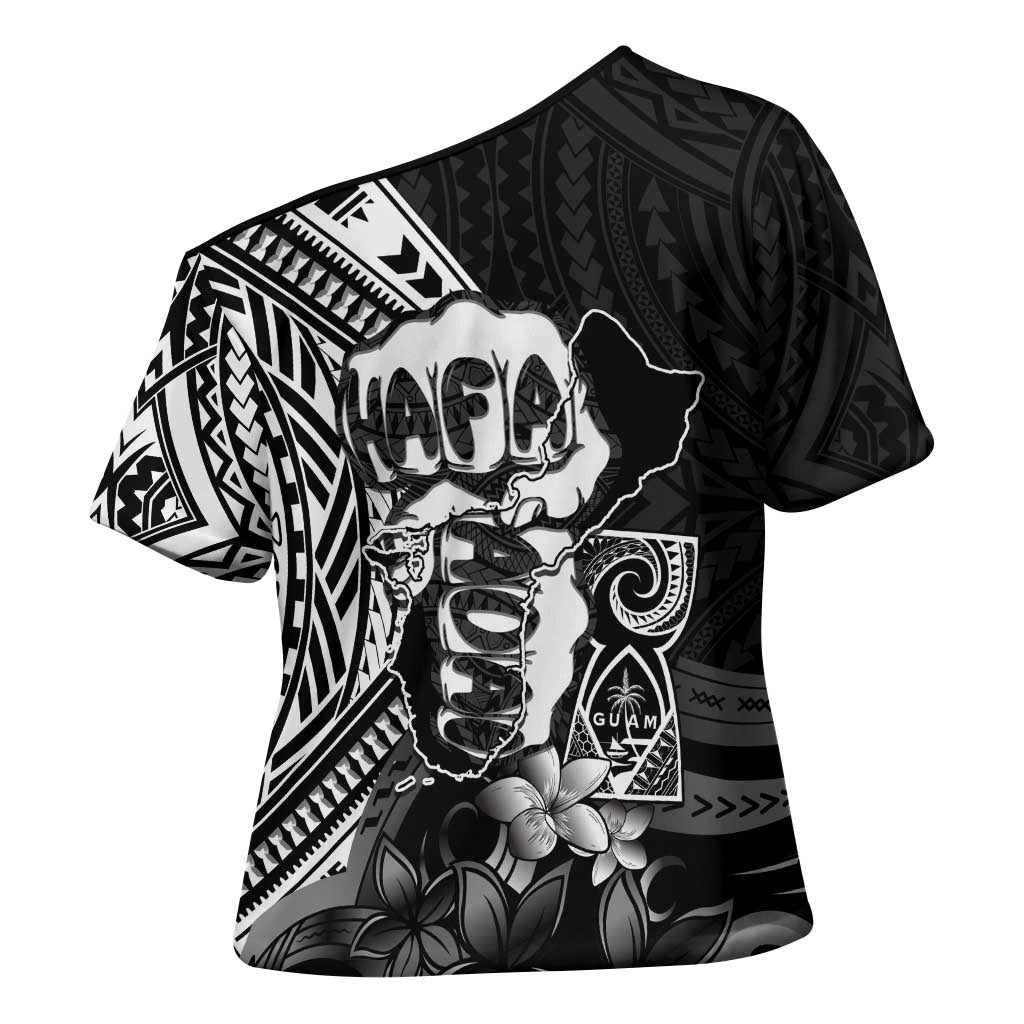 Hafa Adai Guam Discovery Day Cross Shoulder Shirt Chamorro Latte Stone Hand Black Version