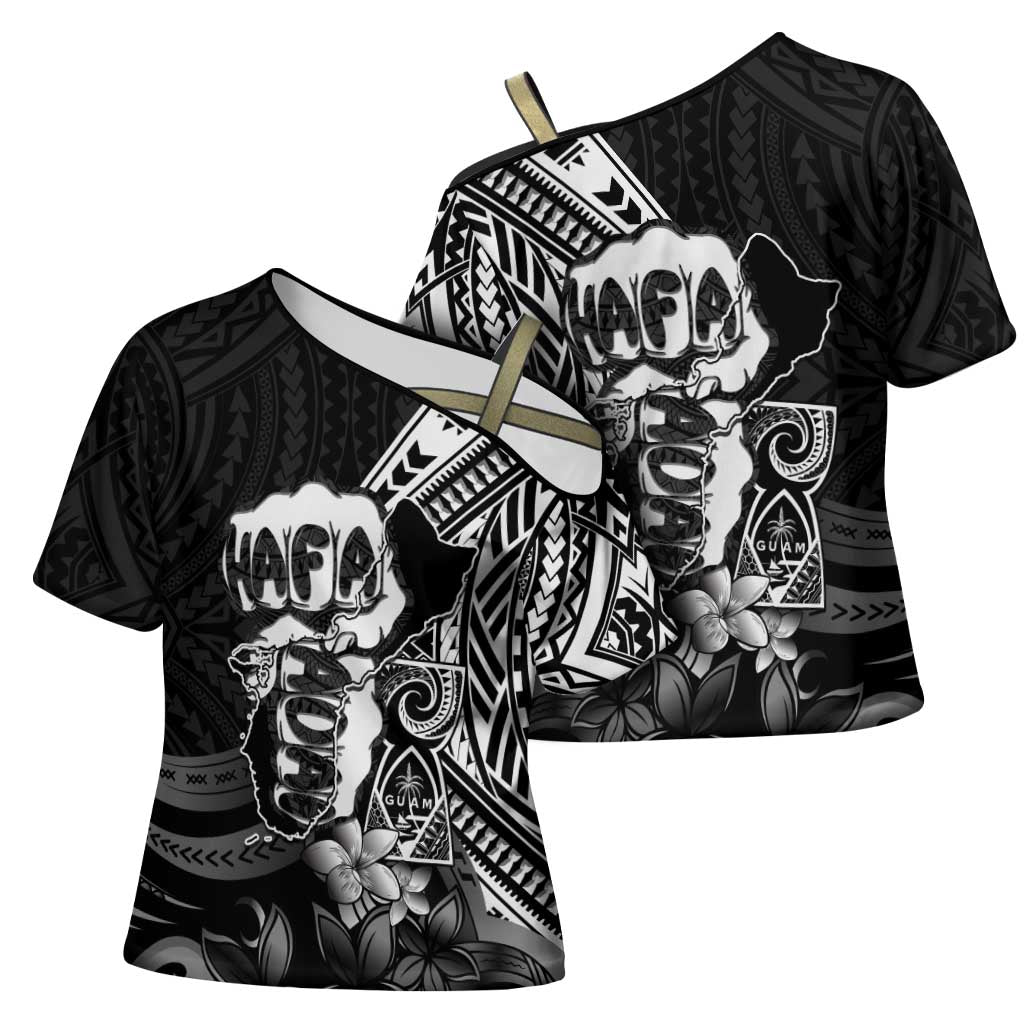 Hafa Adai Guam Discovery Day Cross Shoulder Shirt Chamorro Latte Stone Hand Black Version