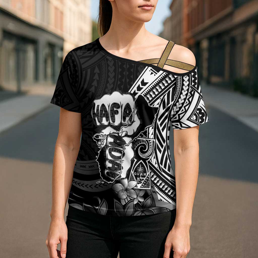 Hafa Adai Guam Discovery Day Cross Shoulder Shirt Chamorro Latte Stone Hand Black Version