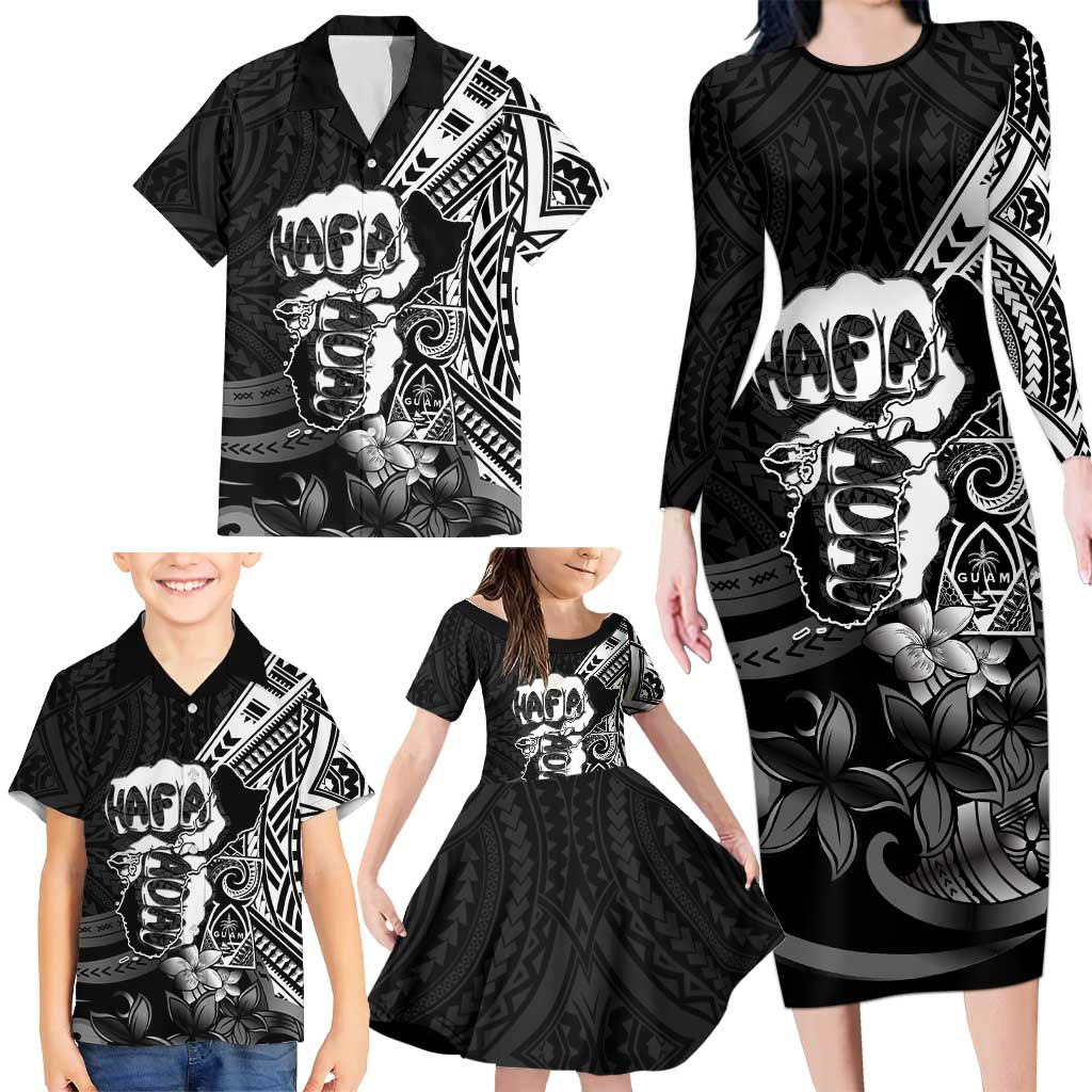 Hafa Adai Guam Discovery Day Family Matching Long Sleeve Bodycon Dress and Hawaiian Shirt Chamorro Latte Stone Hand Black Version
