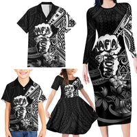 Hafa Adai Guam Discovery Day Family Matching Long Sleeve Bodycon Dress and Hawaiian Shirt Chamorro Latte Stone Hand Black Version