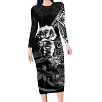 Hafa Adai Guam Discovery Day Family Matching Long Sleeve Bodycon Dress and Hawaiian Shirt Chamorro Latte Stone Hand Black Version