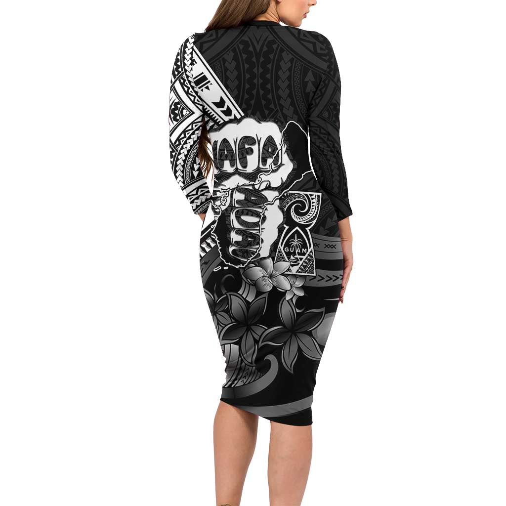 Hafa Adai Guam Discovery Day Family Matching Long Sleeve Bodycon Dress and Hawaiian Shirt Chamorro Latte Stone Hand Black Version