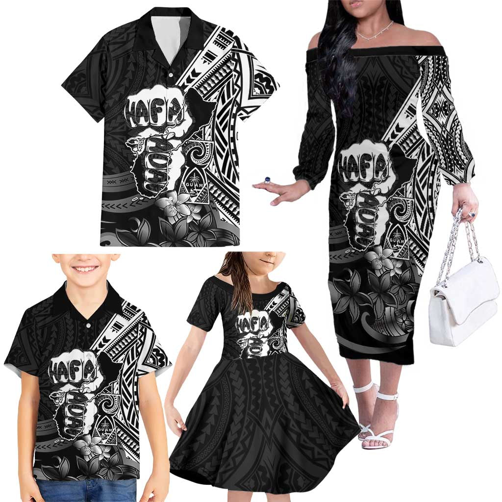 Hafa Adai Guam Discovery Day Family Matching Off The Shoulder Long Sleeve Dress and Hawaiian Shirt Chamorro Latte Stone Hand Black Version LT14 - Polynesian Pride