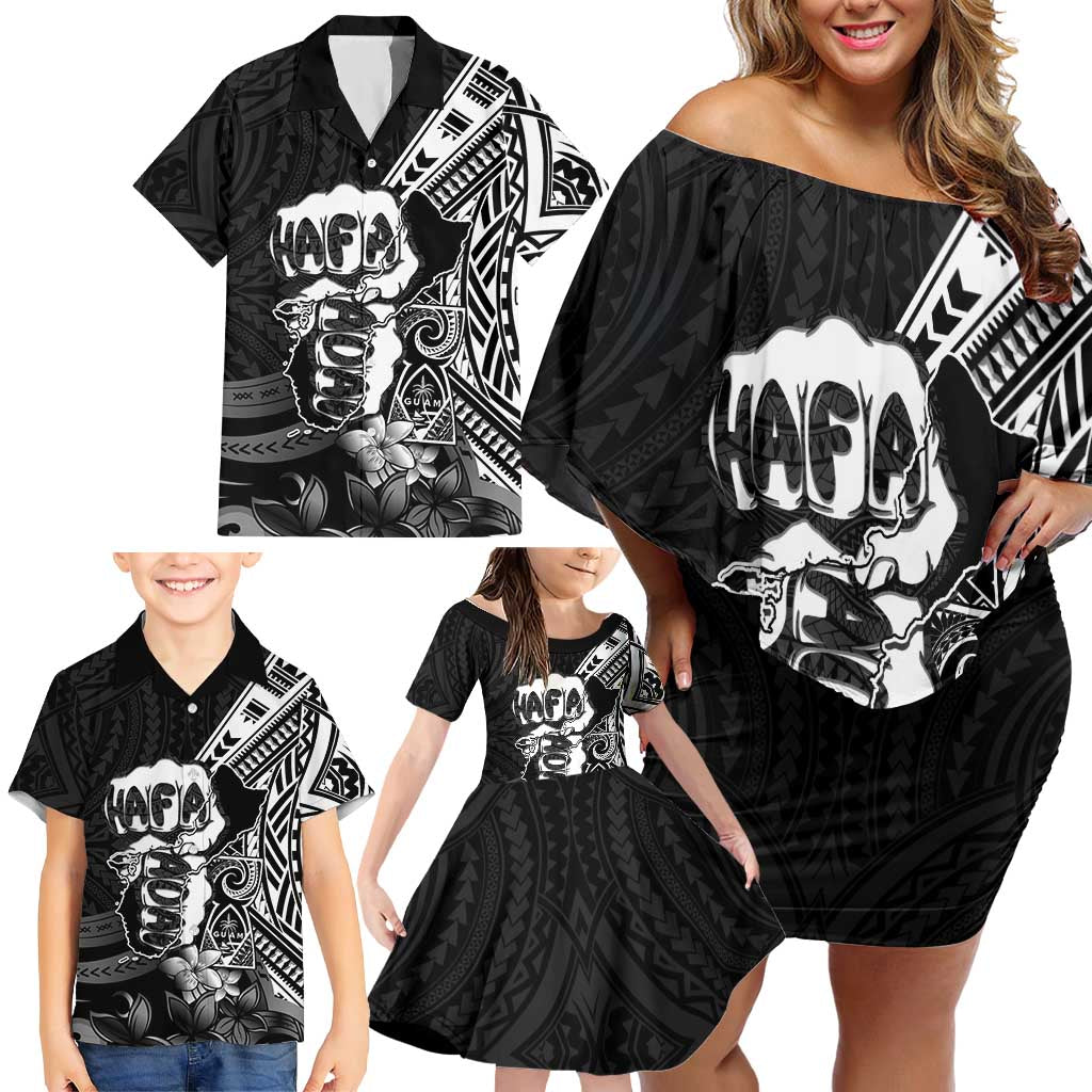 Hafa Adai Guam Discovery Day Family Matching Off Shoulder Short Dress and Hawaiian Shirt Chamorro Latte Stone Hand Black Version