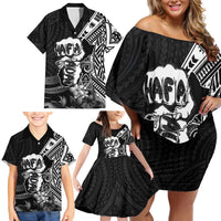 Hafa Adai Guam Discovery Day Family Matching Off Shoulder Short Dress and Hawaiian Shirt Chamorro Latte Stone Hand Black Version LT14 - Polynesian Pride