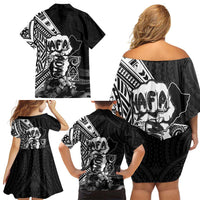 Hafa Adai Guam Discovery Day Family Matching Off Shoulder Short Dress and Hawaiian Shirt Chamorro Latte Stone Hand Black Version LT14 - Polynesian Pride