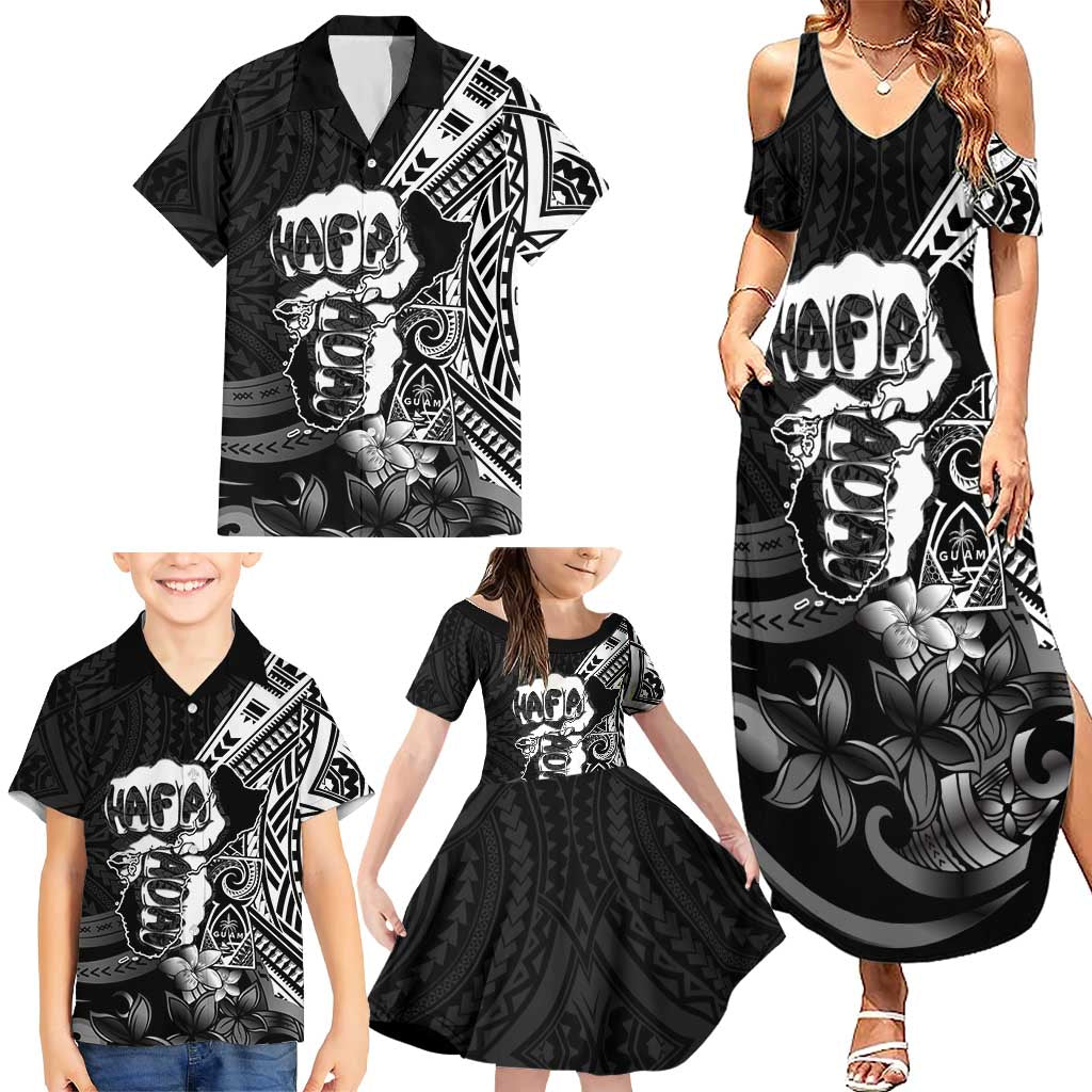 Hafa Adai Guam Discovery Day Family Matching Summer Maxi Dress and Hawaiian Shirt Chamorro Latte Stone Hand Black Version LT14 - Polynesian Pride