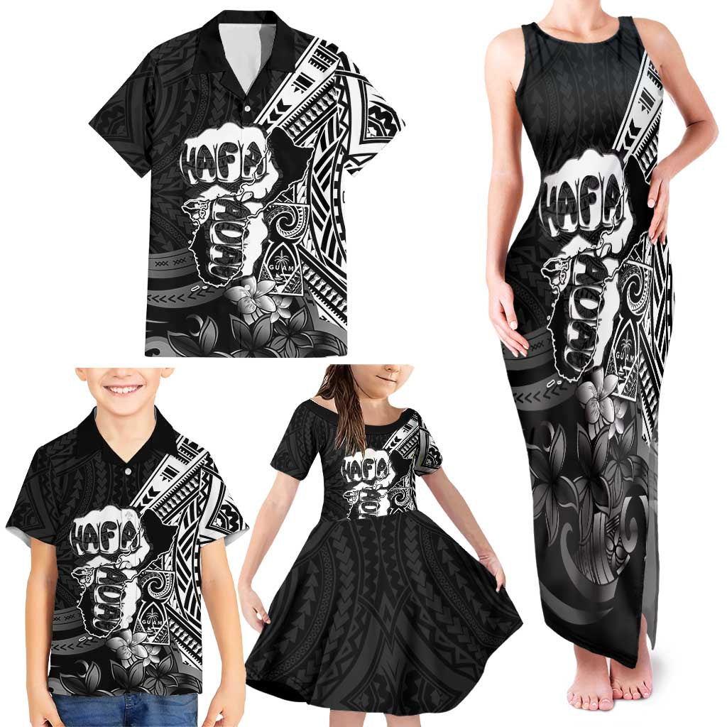 Hafa Adai Guam Discovery Day Family Matching Tank Maxi Dress and Hawaiian Shirt Chamorro Latte Stone Hand Black Version LT14 - Polynesian Pride