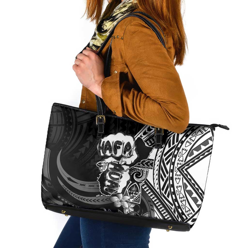 Hafa Adai Guam Discovery Day Leather Tote Bag Chamorro Latte Stone Hand Black Version LT14 Black - Polynesian Pride