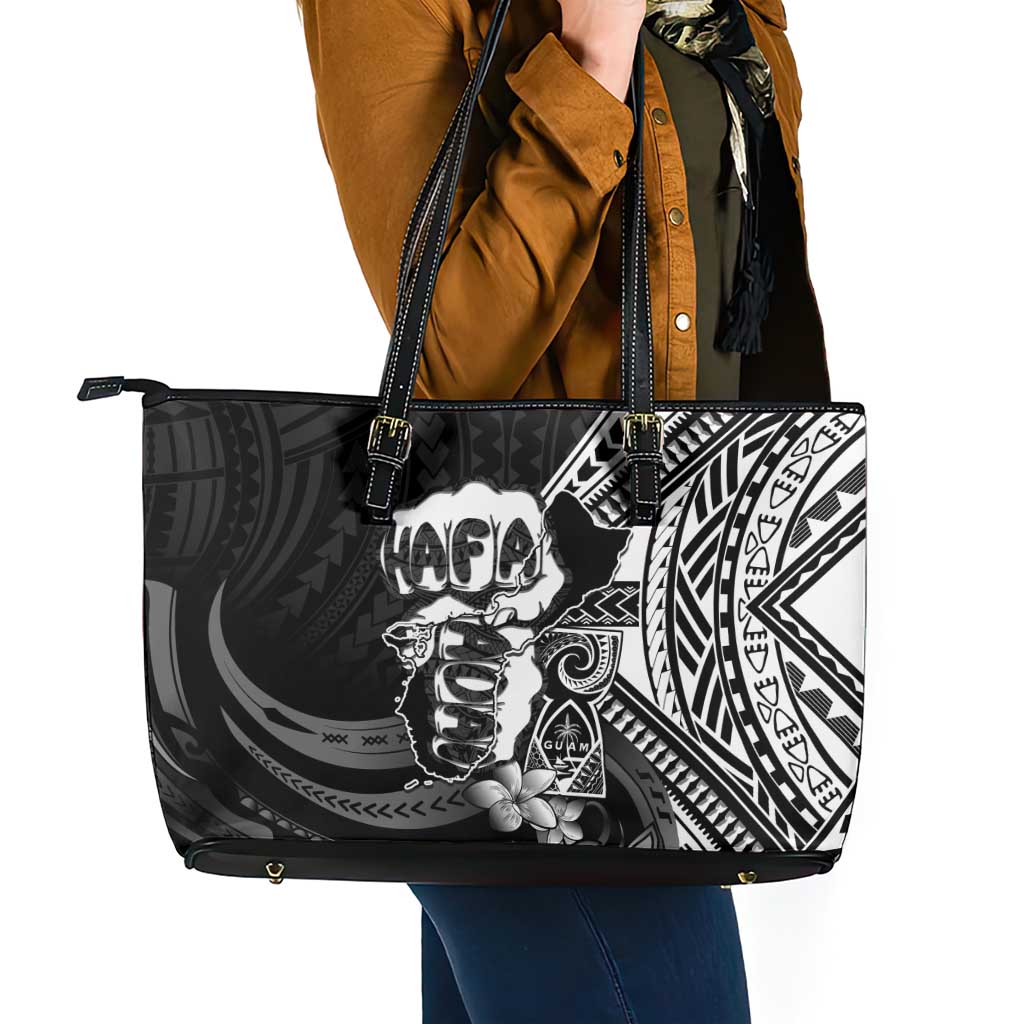 Hafa Adai Guam Discovery Day Leather Tote Bag Chamorro Latte Stone Hand Black Version LT14 - Polynesian Pride