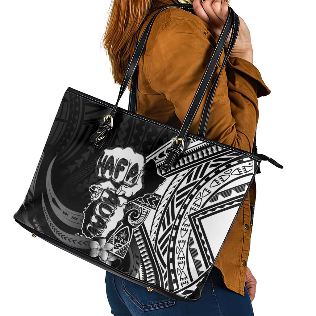 Hafa Adai Guam Discovery Day Leather Tote Bag Chamorro Latte Stone Hand Black Version LT14 - Polynesian Pride