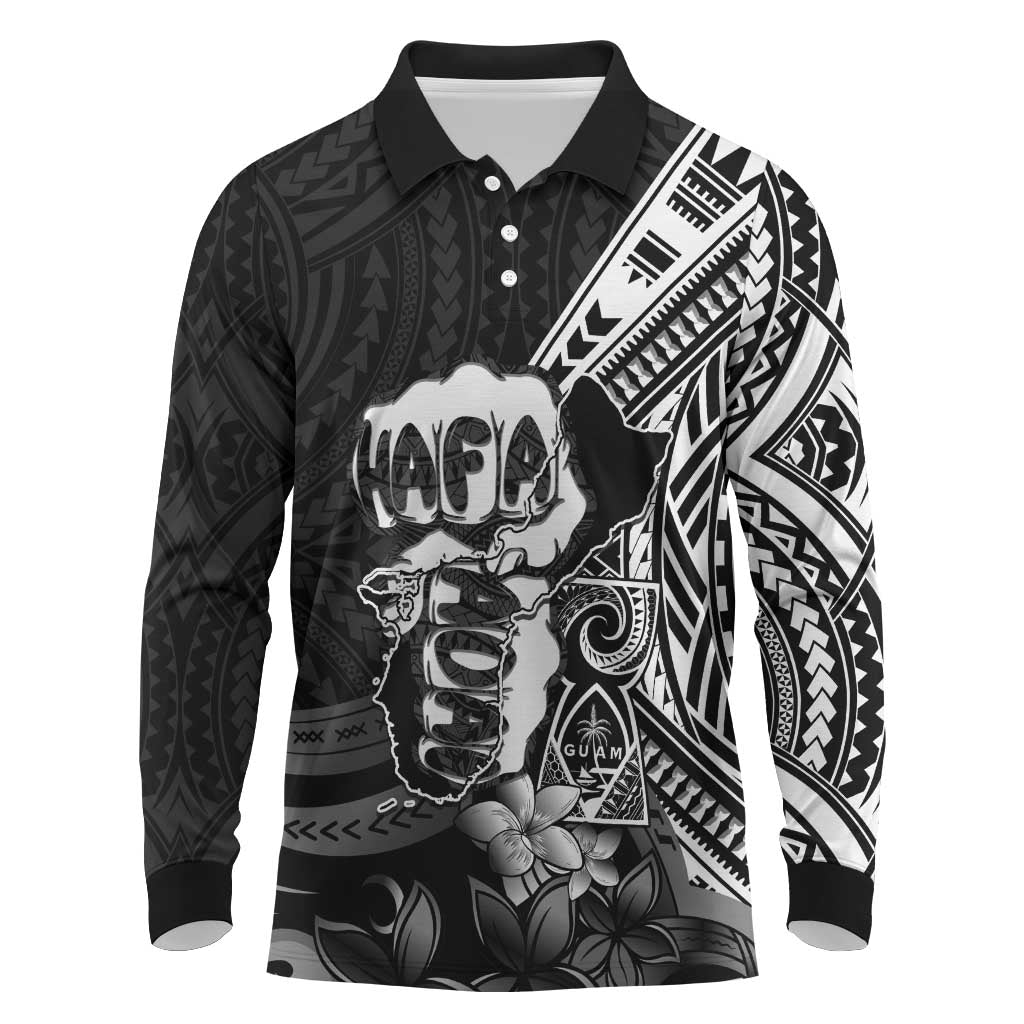 Hafa Adai Guam Discovery Day Long Sleeve Polo Shirt Chamorro Latte Stone Hand Black Version LT14 Black - Polynesian Pride