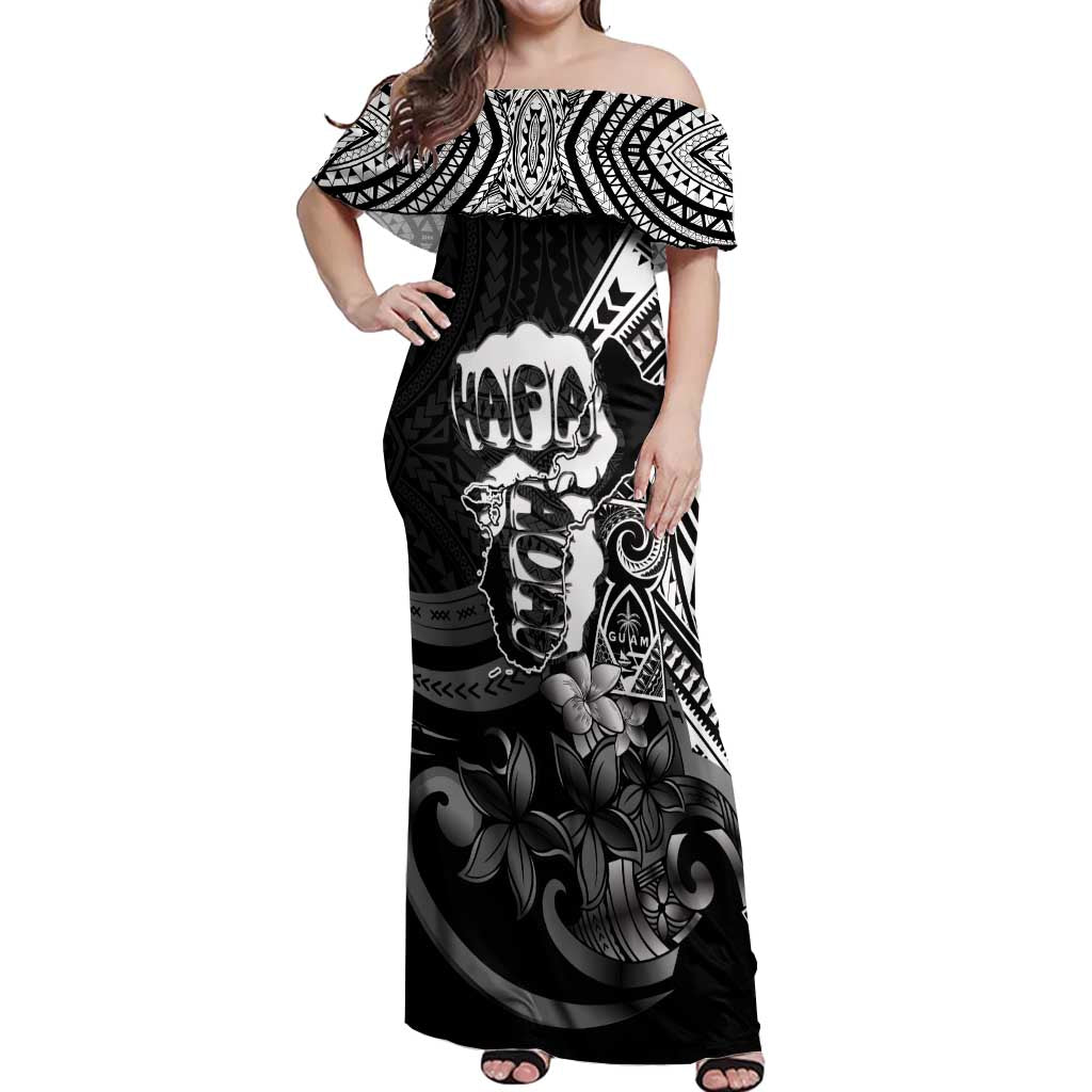 Hafa Adai Guam Discovery Day Off Shoulder Maxi Dress Chamorro Latte Stone Hand Black Version LT14 Women Black - Polynesian Pride