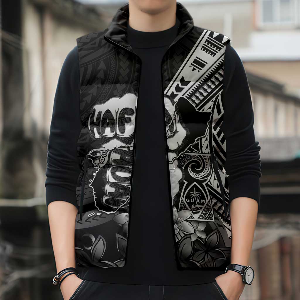 Hafa Adai Guam Discovery Day Sleeveless Puffer Jacket Chamorro Latte Stone Hand Black Version LT14 - Polynesian Pride