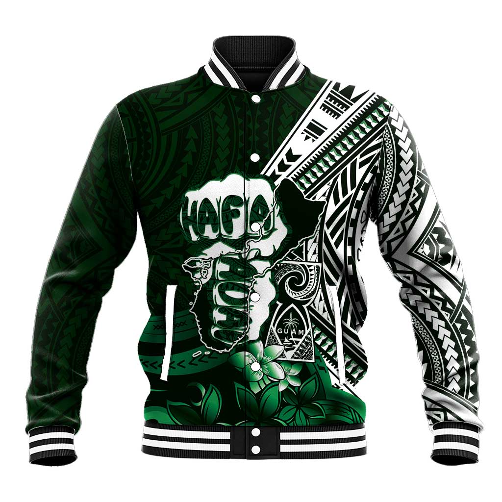 Hafa Adai Guam Discovery Day Baseball Jacket Chamorro Latte Stone Hand Green Version LT14 Unisex Green - Polynesian Pride