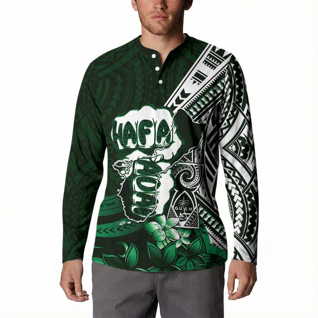 Hafa Adai Guam Discovery Day Button Sweatshirt Chamorro Latte Stone Hand Green Version