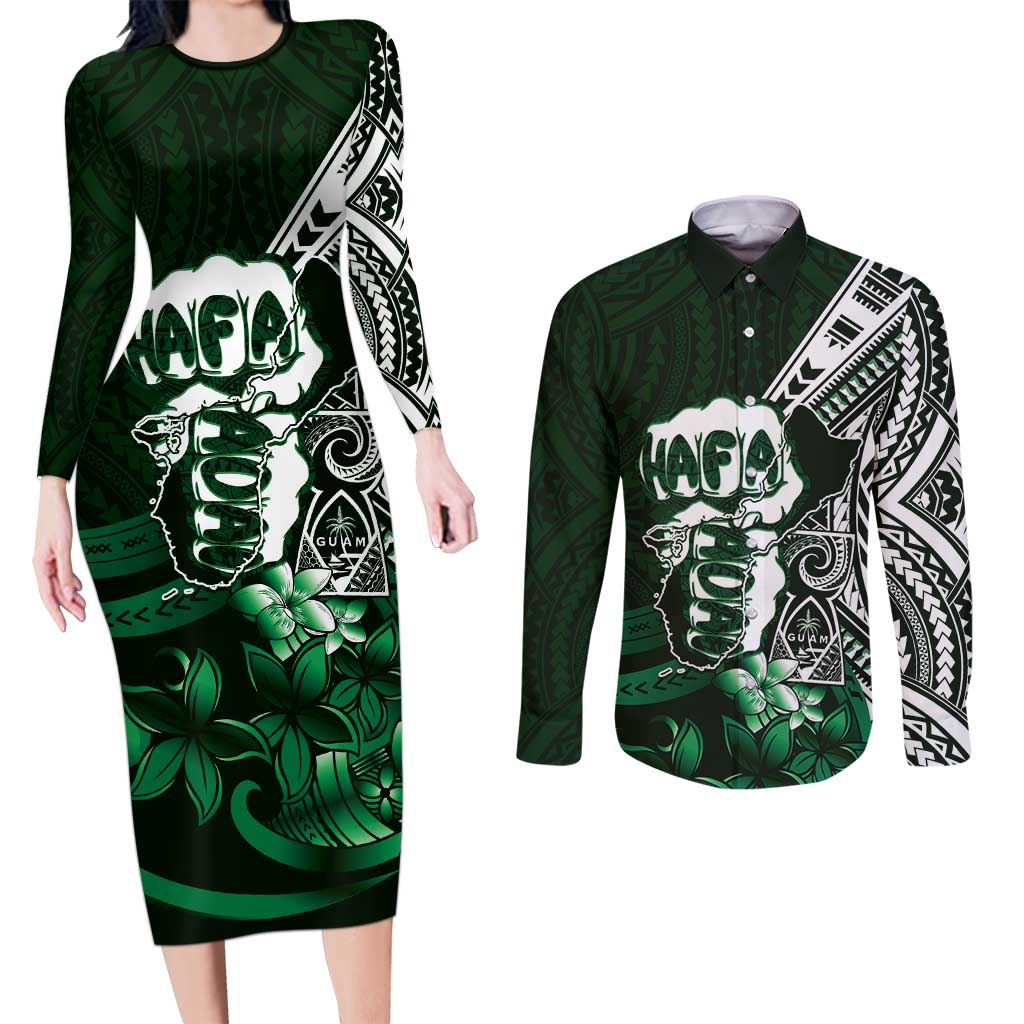 Hafa Adai Guam Discovery Day Couples Matching Long Sleeve Bodycon Dress and Long Sleeve Button Shirt Chamorro Latte Stone Hand Green Version LT14 Green - Polynesian Pride