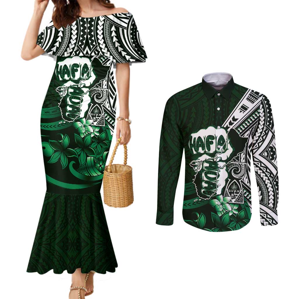 Hafa Adai Guam Discovery Day Couples Matching Mermaid Dress and Long Sleeve Button Shirt Chamorro Latte Stone Hand Green Version LT14 Green - Polynesian Pride