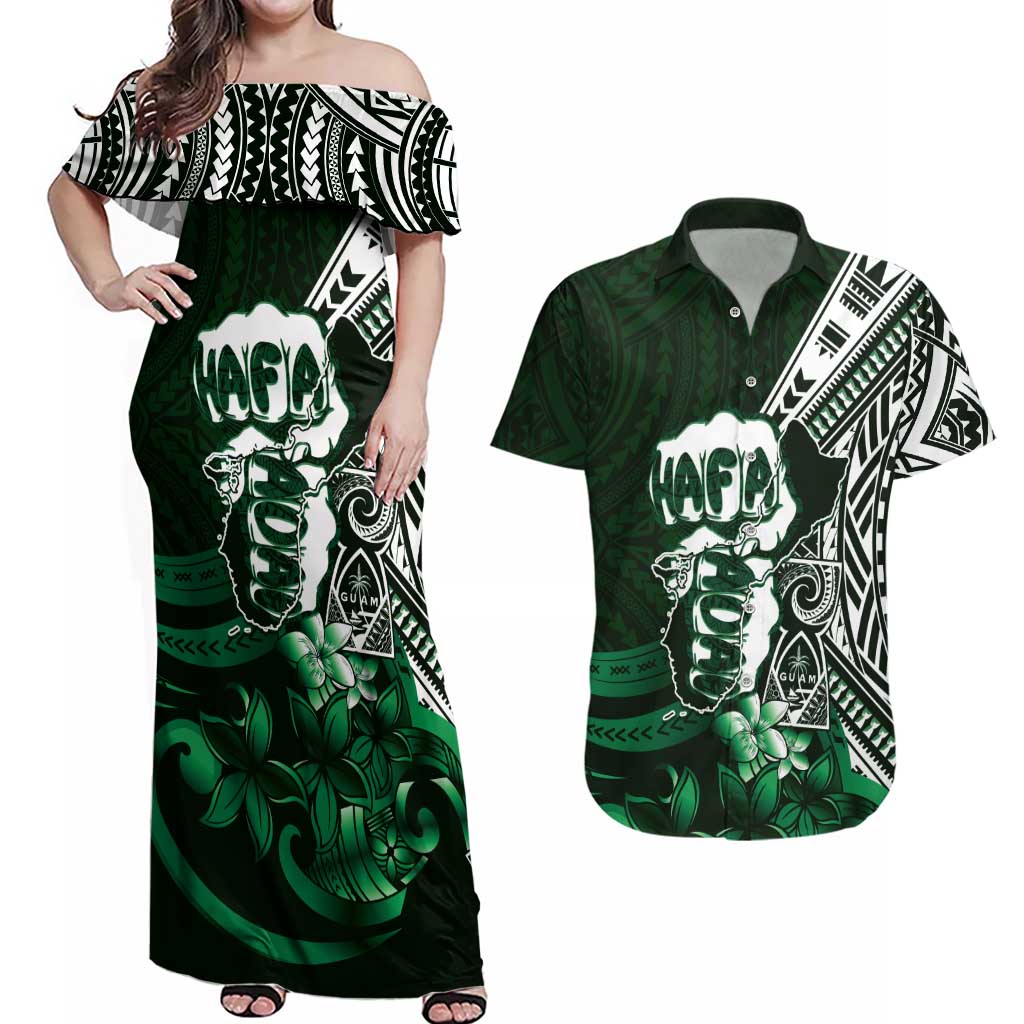 Hafa Adai Guam Discovery Day Couples Matching Off Shoulder Maxi Dress and Hawaiian Shirt Chamorro Latte Stone Hand Green Version LT14 Green - Polynesian Pride