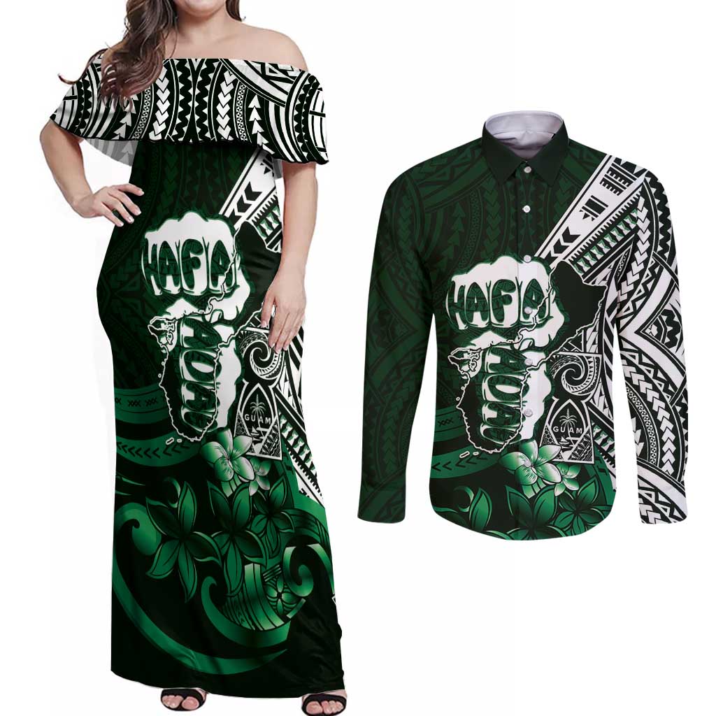 Hafa Adai Guam Discovery Day Couples Matching Off Shoulder Maxi Dress and Long Sleeve Button Shirt Chamorro Latte Stone Hand Green Version LT14 Green - Polynesian Pride