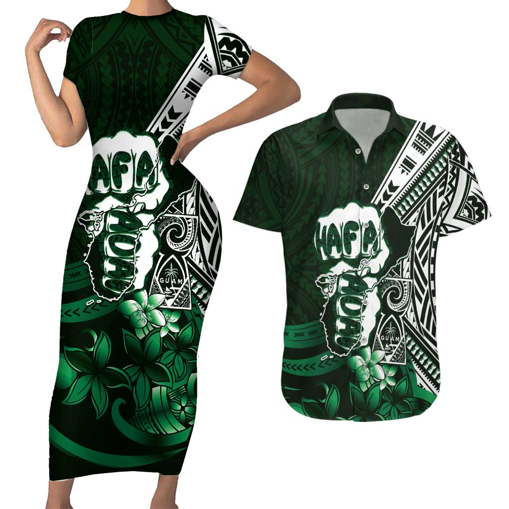 Hafa Adai Guam Discovery Day Couples Matching Short Sleeve Bodycon Dress and Hawaiian Shirt Chamorro Latte Stone Hand Green Version