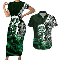 Hafa Adai Guam Discovery Day Couples Matching Short Sleeve Bodycon Dress and Hawaiian Shirt Chamorro Latte Stone Hand Green Version