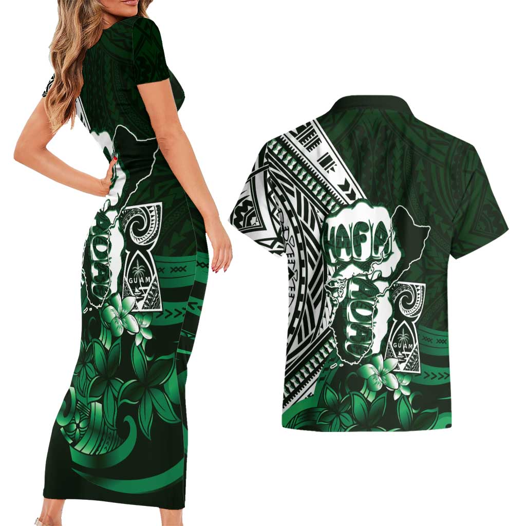 Hafa Adai Guam Discovery Day Couples Matching Short Sleeve Bodycon Dress and Hawaiian Shirt Chamorro Latte Stone Hand Green Version