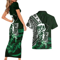 Hafa Adai Guam Discovery Day Couples Matching Short Sleeve Bodycon Dress and Hawaiian Shirt Chamorro Latte Stone Hand Green Version