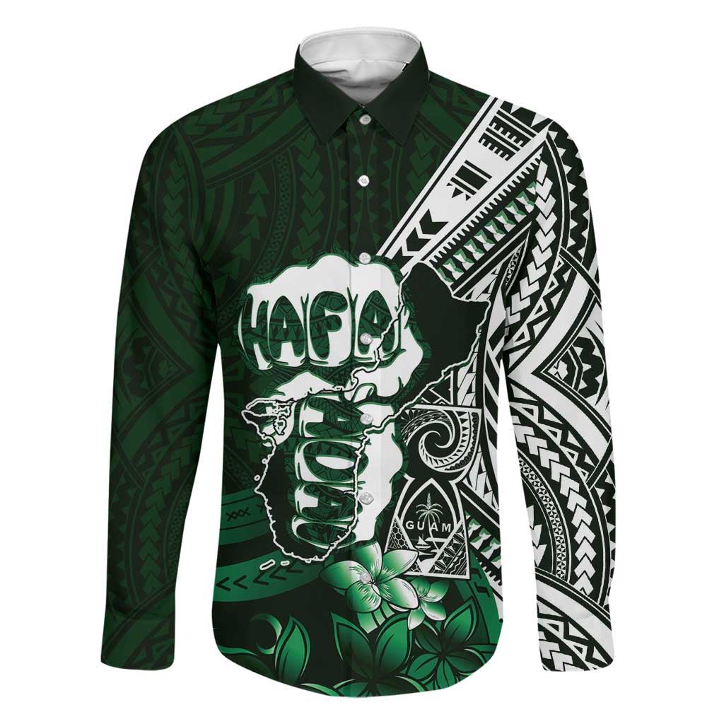 Hafa Adai Guam Discovery Day Family Matching Off The Shoulder Long Sleeve Dress and Hawaiian Shirt Chamorro Latte Stone Hand Green Version LT14 Dad's Shirt - Long Sleeve Green - Polynesian Pride