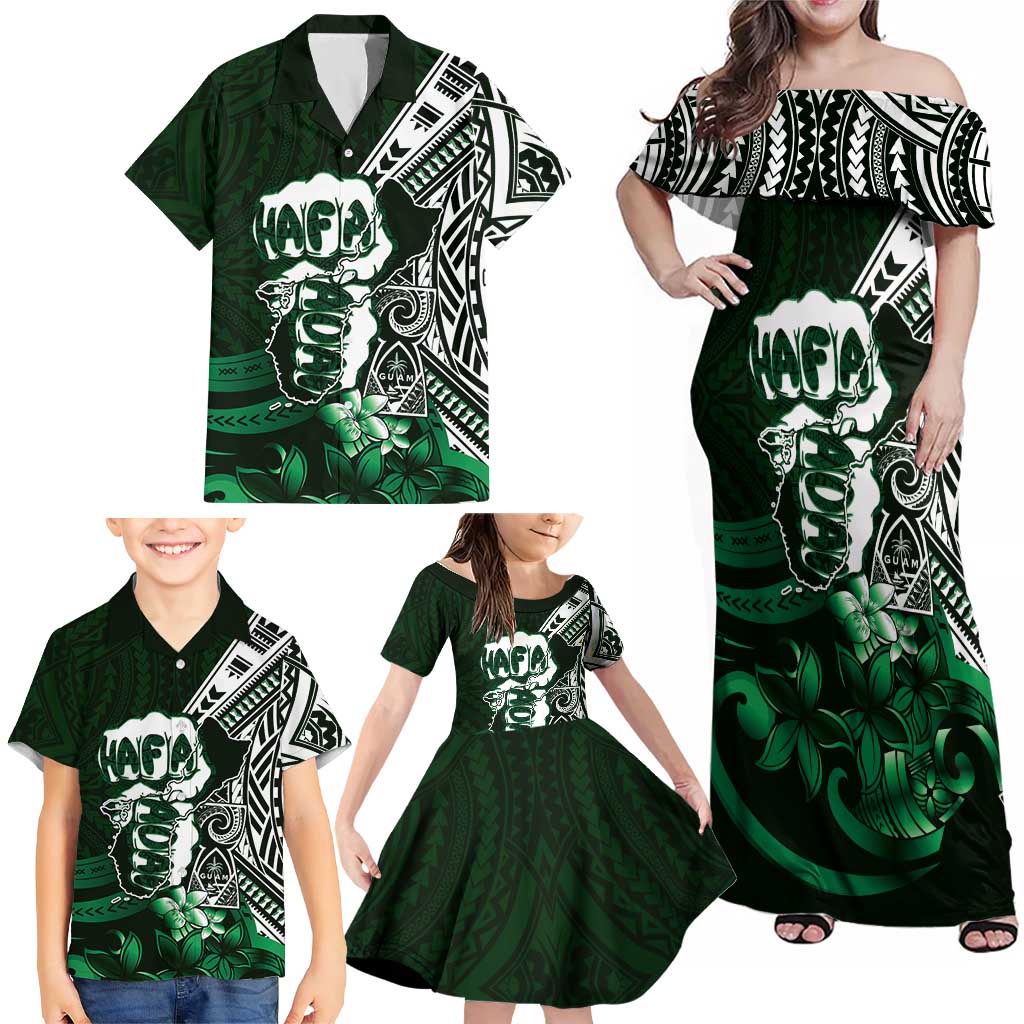 Hafa Adai Guam Discovery Day Family Matching Off Shoulder Maxi Dress and Hawaiian Shirt Chamorro Latte Stone Hand Green Version LT14 - Polynesian Pride