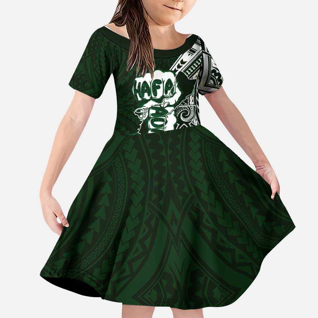 Hafa Adai Guam Discovery Day Family Matching Tank Maxi Dress and Hawaiian Shirt Chamorro Latte Stone Hand Green Version LT14 Daughter's Dress Green - Polynesian Pride